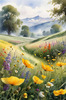 Vibrant Wildflower Meadows with Mist-Shrouded Mountain Range