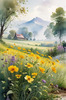 Vibrant Wildflower Meadows with Mist-Shrouded Mountain Range