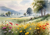 Vibrant Wildflower Meadows with Mist-Shrouded Mountain Range
