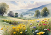 Vibrant Wildflower Meadows with Mist-Shrouded Mountain Range