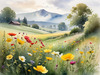 Vibrant Wildflower Meadows with Mist-Shrouded Mountain Range