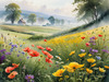 Vibrant Wildflower Meadows with Mist-Shrouded Mountain Range
