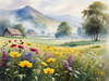 Vibrant Wildflower Meadows with Mist-Shrouded Mountain Range