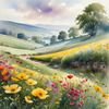 Vibrant Wildflower Meadows with Mist-Shrouded Mountain Range