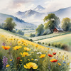 Vibrant Wildflower Meadows with Mist-Shrouded Mountain Range