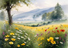 Vibrant Wildflower Meadows with Mist-Shrouded Mountain Range