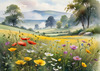 Vibrant Wildflower Meadows with Mist-Shrouded Mountain Range