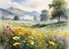 Vibrant Wildflower Meadows with Mist-Shrouded Mountain Range