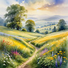 Vibrant Wildflower Meadows with Mist-Shrouded Mountain Range