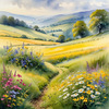 Vibrant Wildflower Meadows with Mist-Shrouded Mountain Range