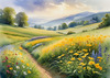 Vibrant Wildflower Meadows with Mist-Shrouded Mountain Range
