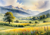 Vibrant Wildflower Meadows with Mist-Shrouded Mountain Range