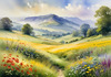 Vibrant Wildflower Meadows with Mist-Shrouded Mountain Range