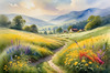 Vibrant Wildflower Meadows with Mist-Shrouded Mountain Range