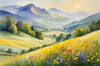 Vibrant Wildflower Meadows with Mist-Shrouded Mountain Range