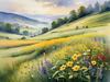 Vibrant Wildflower Meadows with Mist-Shrouded Mountain Range