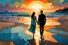 Romantic Landscape of a Glowing Sunset Over a Tranquil Beach with Couples' Silhouettes Walking