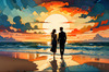 Romantic Landscape of a Glowing Sunset Over a Tranquil Beach with Couples' Silhouettes Walking