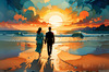 Romantic Landscape of a Glowing Sunset Over a Tranquil Beach with Couples' Silhouettes Walking