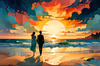 Romantic Landscape of a Glowing Sunset Over a Tranquil Beach with Couples' Silhouettes Walking