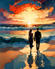 Romantic Landscape of a Glowing Sunset Over a Tranquil Beach with Couples' Silhouettes Walking