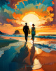 Romantic Landscape of a Glowing Sunset Over a Tranquil Beach with Couples' Silhouettes Walking