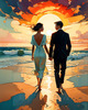 Romantic Landscape of a Glowing Sunset Over a Tranquil Beach with Couples' Silhouettes Walking