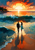 Romantic Landscape of a Glowing Sunset Over a Tranquil Beach with Couples' Silhouettes Walking