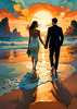 Romantic Landscape of a Glowing Sunset Over a Tranquil Beach with Couples' Silhouettes Walking
