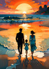 Romantic Landscape of a Glowing Sunset Over a Tranquil Beach with Couples' Silhouettes Walking