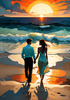 Romantic Landscape of a Glowing Sunset Over a Tranquil Beach with Couples' Silhouettes Walking