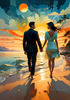 Romantic Landscape of a Glowing Sunset Over a Tranquil Beach with Couples' Silhouettes Walking
