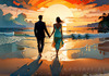 Romantic Landscape of a Glowing Sunset Over a Tranquil Beach with Couples' Silhouettes Walking