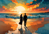 Romantic Landscape of a Glowing Sunset Over a Tranquil Beach with Couples' Silhouettes Walking