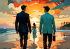 Romantic Landscape of a Glowing Sunset Over a Tranquil Beach with Couples' Silhouettes Walking