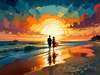 Romantic Landscape of a Glowing Sunset Over a Tranquil Beach with Couples' Silhouettes Walking