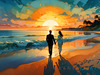 Romantic Landscape of a Glowing Sunset Over a Tranquil Beach with Couples' Silhouettes Walking