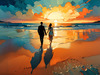 Romantic Landscape of a Glowing Sunset Over a Tranquil Beach with Couples' Silhouettes Walking