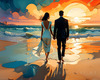 Romantic Landscape of a Glowing Sunset Over a Tranquil Beach with Couples' Silhouettes Walking