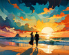 Romantic Landscape of a Glowing Sunset Over a Tranquil Beach with Couples' Silhouettes Walking
