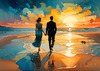Romantic Landscape of a Glowing Sunset Over a Tranquil Beach with Couples' Silhouettes Walking