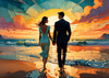 Romantic Landscape of a Glowing Sunset Over a Tranquil Beach with Couples' Silhouettes Walking