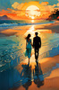 Romantic Landscape of a Glowing Sunset Over a Tranquil Beach with Couples' Silhouettes Walking