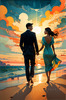 Romantic Landscape of a Glowing Sunset Over a Tranquil Beach with Couples' Silhouettes Walking