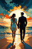 Romantic Landscape of a Glowing Sunset Over a Tranquil Beach with Couples' Silhouettes Walking
