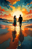 Romantic Landscape of a Glowing Sunset Over a Tranquil Beach with Couples' Silhouettes Walking