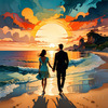 Romantic Landscape of a Glowing Sunset Over a Tranquil Beach with Couples' Silhouettes Walking