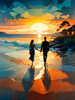 Romantic Landscape of a Glowing Sunset Over a Tranquil Beach with Couples' Silhouettes Walking