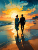 Romantic Landscape of a Glowing Sunset Over a Tranquil Beach with Couples' Silhouettes Walking
