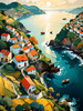 Printable Romantic Landscape Art of a Coastal Village with Serenade Sounds